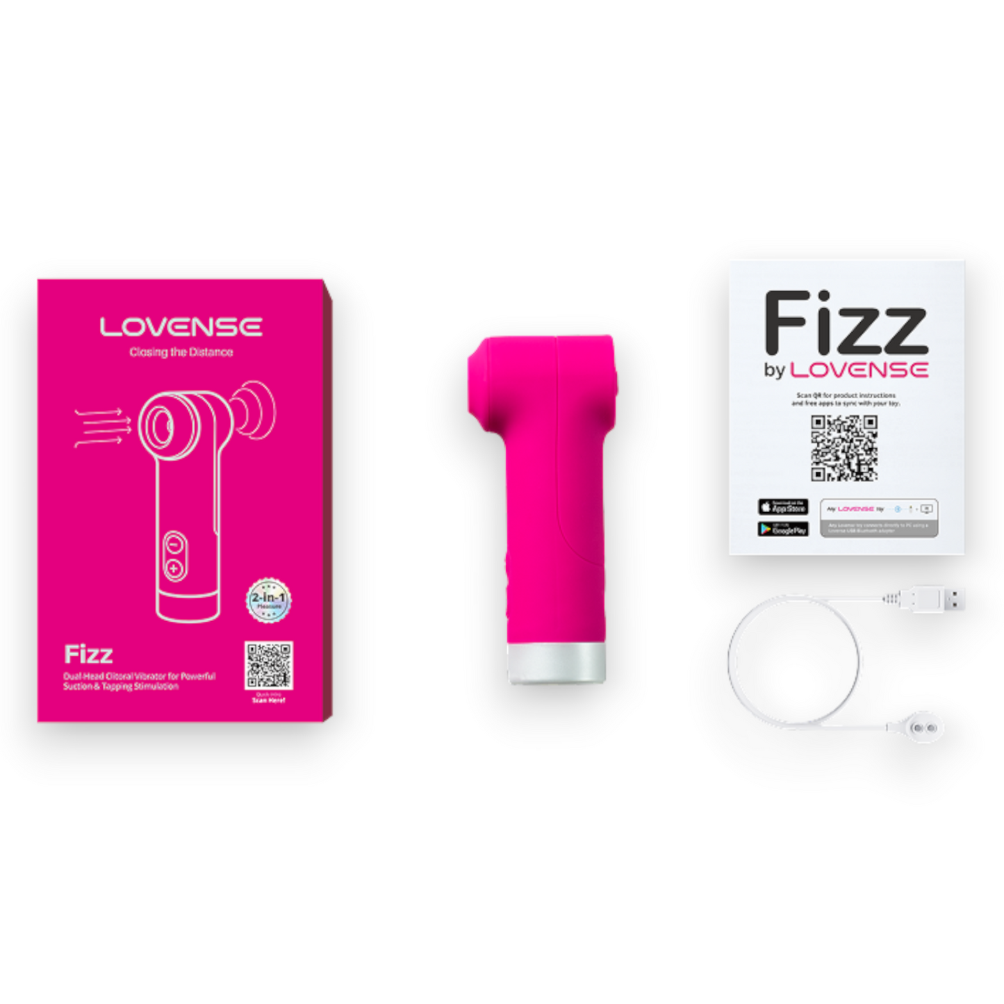 A pink handheld personal massager shown with its bright pink LOVENSE retail box, a white LOVENSE Fizz by LOVENSE card, and a white charging cable on a plain white background.