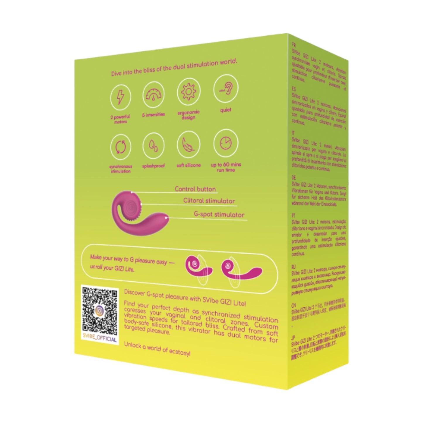 Caja de embalaje del vibrador SVibe Snail GIZI Lite de PlayLoveToys con iconos de características y descripción