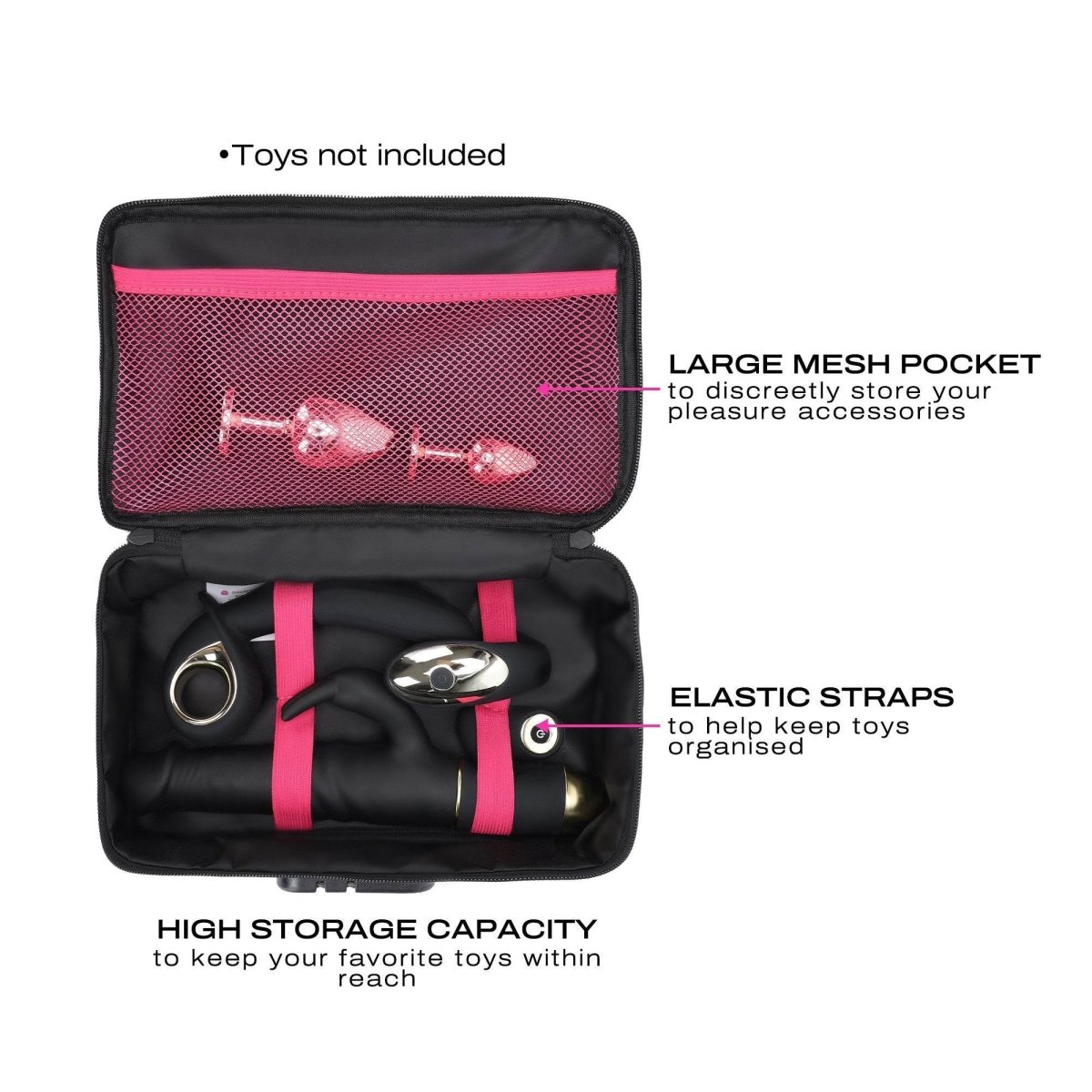 Black carrying case with pink mesh pocket and elastic straps, containing toys, on a white background.