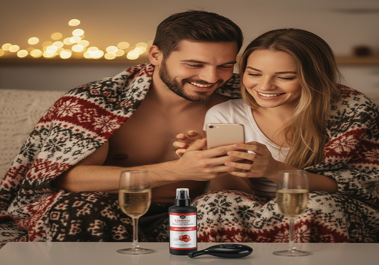 Couple's intimate moment with a discreet Holiday Sex Toys under Christmas lights. Focus on silent pleasure and cozy connection.
