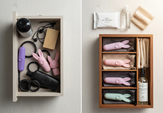 Guide illustrating common sex toy mistakes with diverse toys and proper care methods.