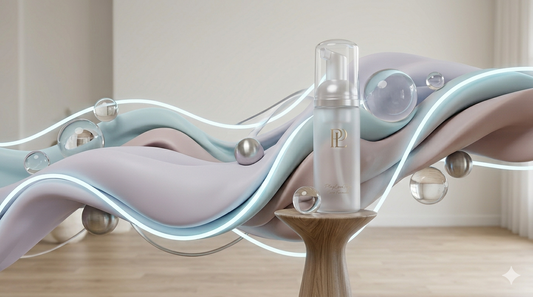 Abstract sculpture of medical-grade silicone and glass featuring an elegant frosted-glass PLT Care Formula bottle for intimate wellness.