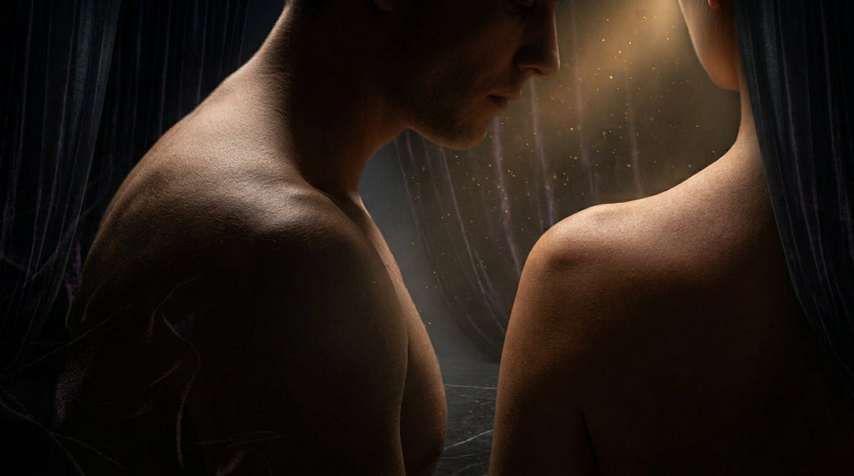 A cinematic low-key editorial photo of a couple in close proximity, highlighted by warm side lighting and atmospheric shadows.