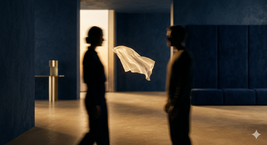 Two blurred silhouettes face each other in a deep blue architectural space with a silk cloth floating between them, symbolizing the stranger fantasy