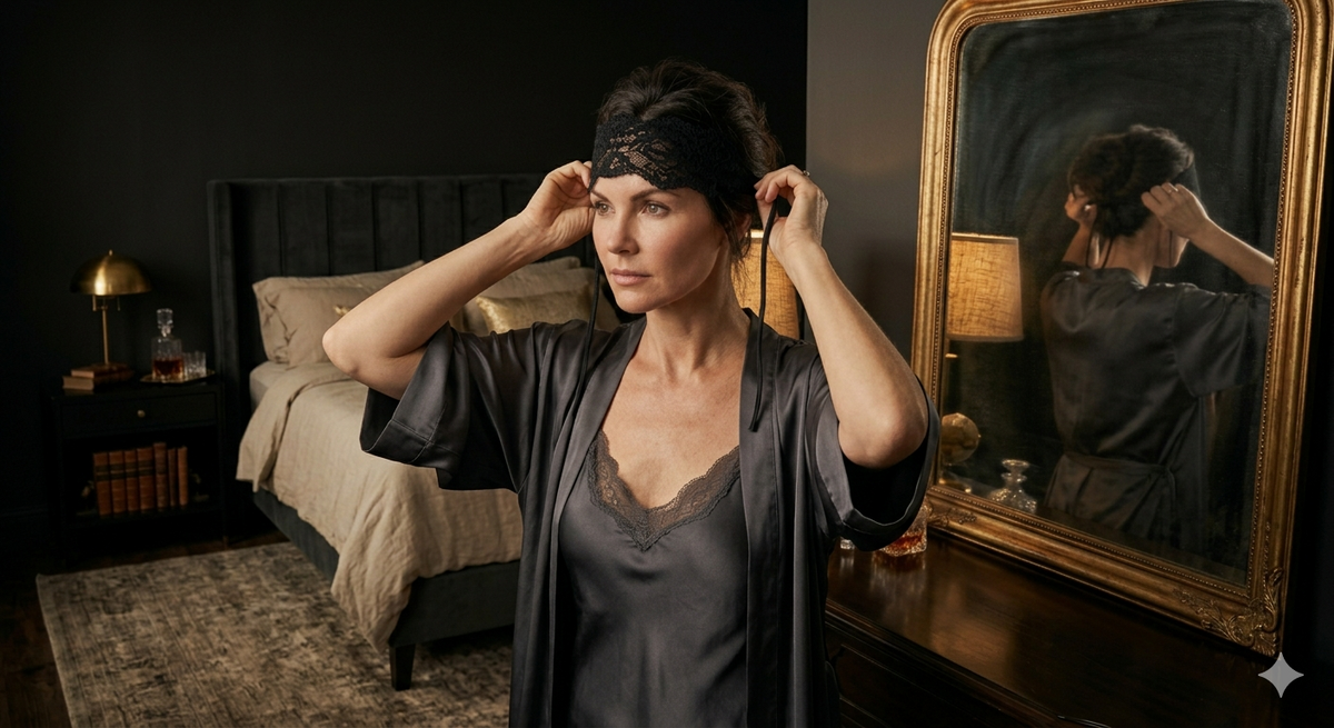 Luxury intimacy exploration: A woman prepares for a sensory ritual with a lace eye mask and silk lingerie in a high-end interior setting.
