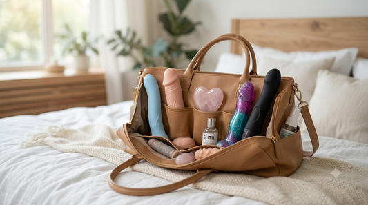 An elegant, opened tan leather tote bag lies on a cozy, cream-colored bed, revealing an organized collection of assorted intimacy wellness products.