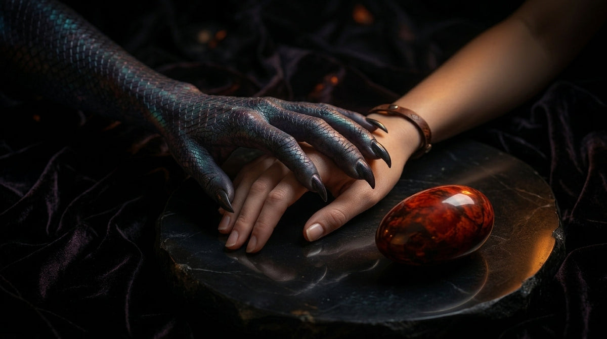 A cinematic dark fantasy scene capturing skin and scaled textures with a marbled ruby element, symbolizing oviposition roleplay in Monster Romance.