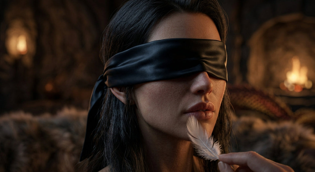 A couple during a quiet sensory deprivation play session wearing a soft satin blindfold in warm ambient lighting.