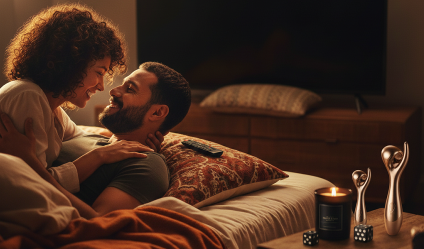 couple playing together with the TV off in the background