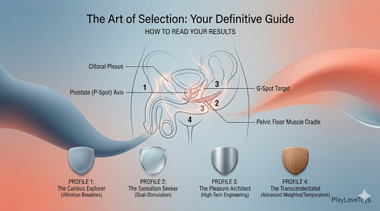 Anatomical schematic for choosing a sex toy, showing sensory mapping levels 1-4 for PlayLoveToys expert guide.