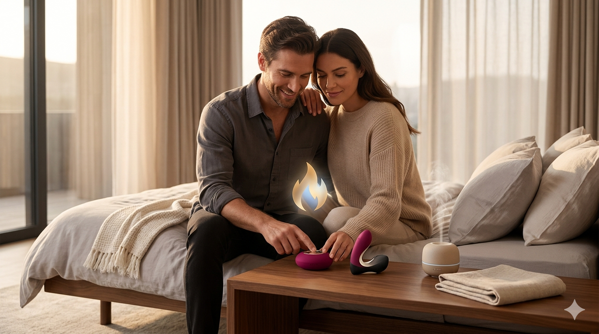 Couple discovering premium sex toys for him in a luxury setting, featuring a glowing spark over elegant LELO and We-Vibe devices.