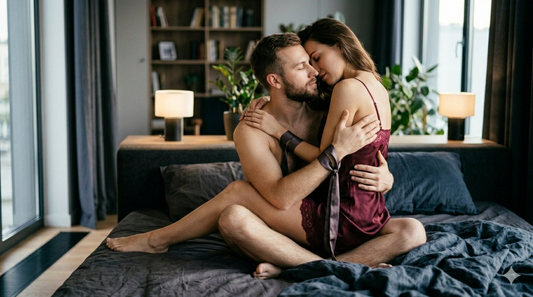 Couple embracing in a modern Kamasutra position