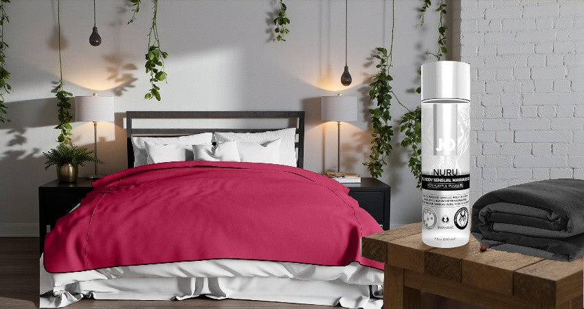 Bed with special micro-velvet sheets for use with JO Nuru, a special product to enhance a body-to-body massage