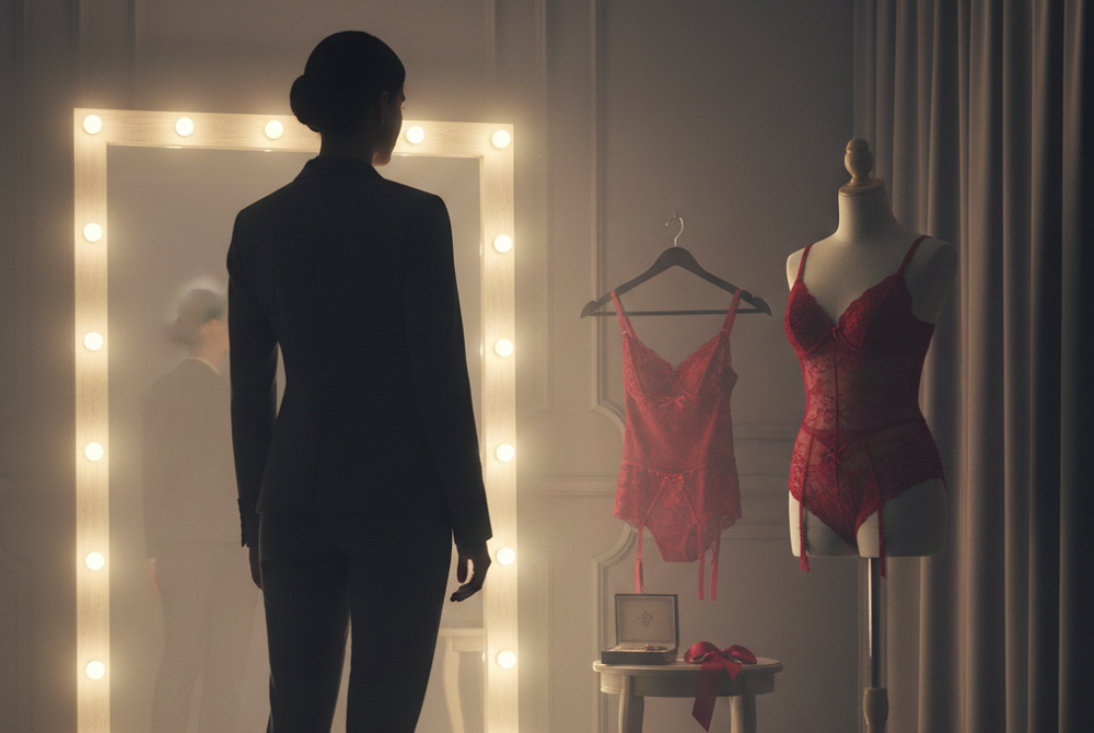 Woman choosing red lace lingerie in boutique, Silk blindfold for sensory play, Romantic bedroom lighting for intimacy