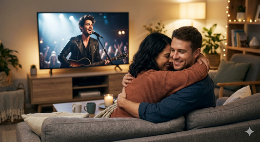 Couple embracing on a sofa with a handsome artist on TV, representing a safe space for unreachable fantasies in a cozy room.