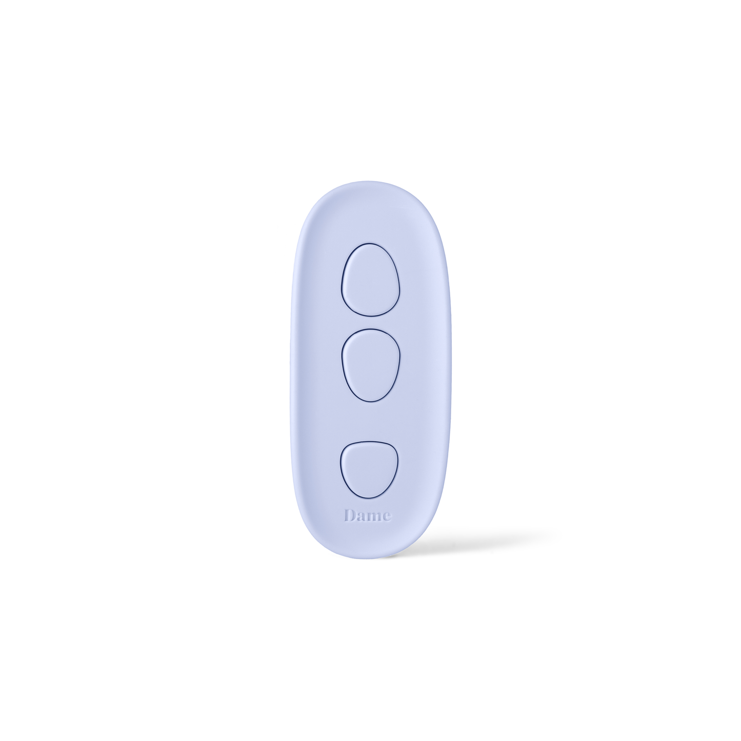 Light purple remote control with three buttons on a white background