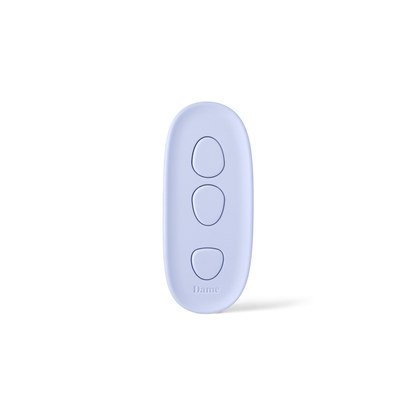 Light purple remote control with three buttons on a white background