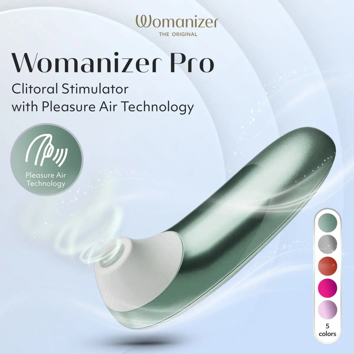 Womanizer Pro clitoral stimulator with pleasure air technology on a light blue background