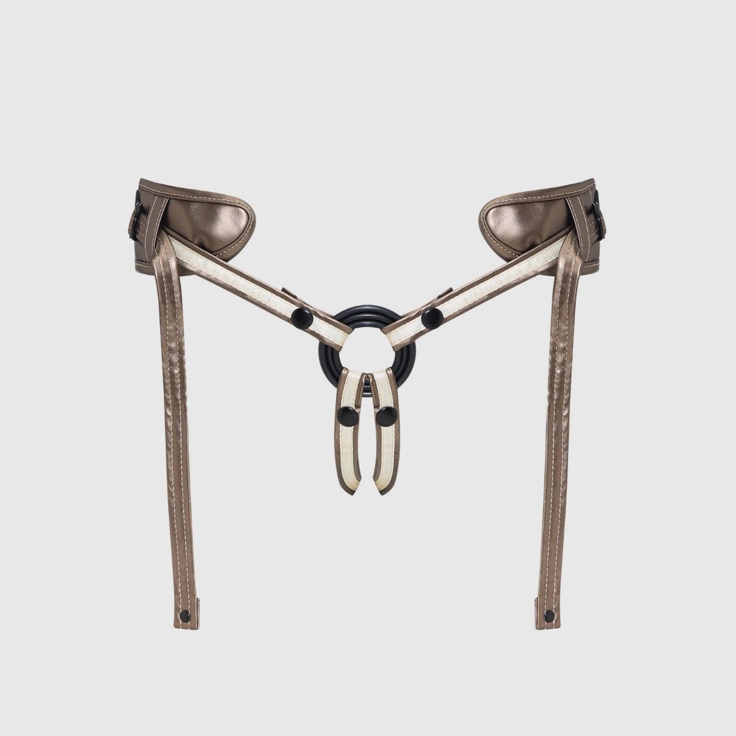 Metallic harness with leather straps on a light gray background