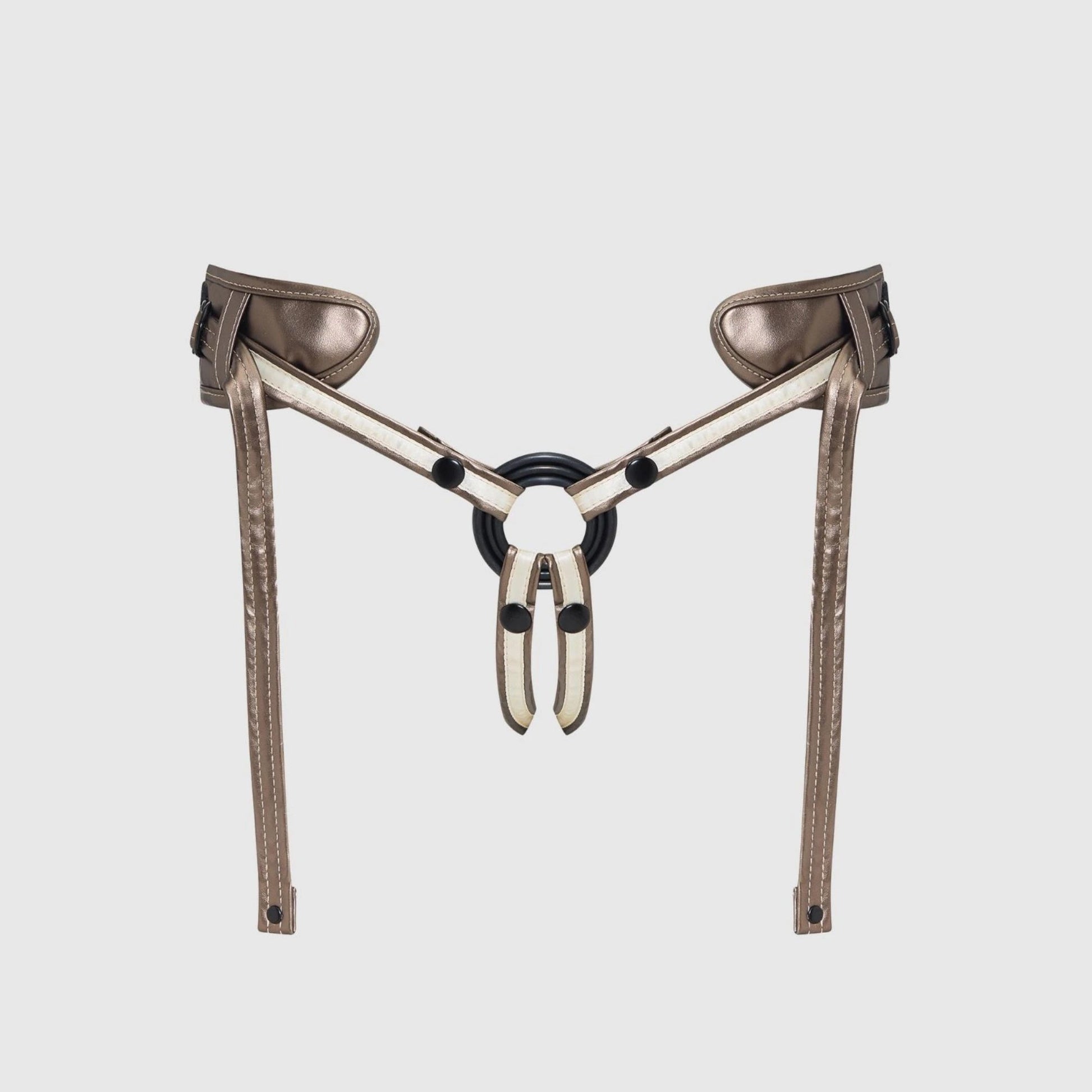 Metallic harness with leather straps on a light gray background