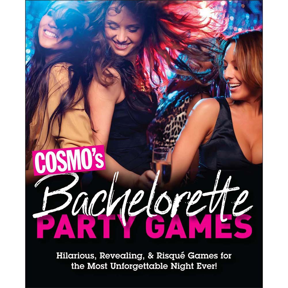Promotional image for 'Cosmo's Bachelorette Party Games' with three women at a party.