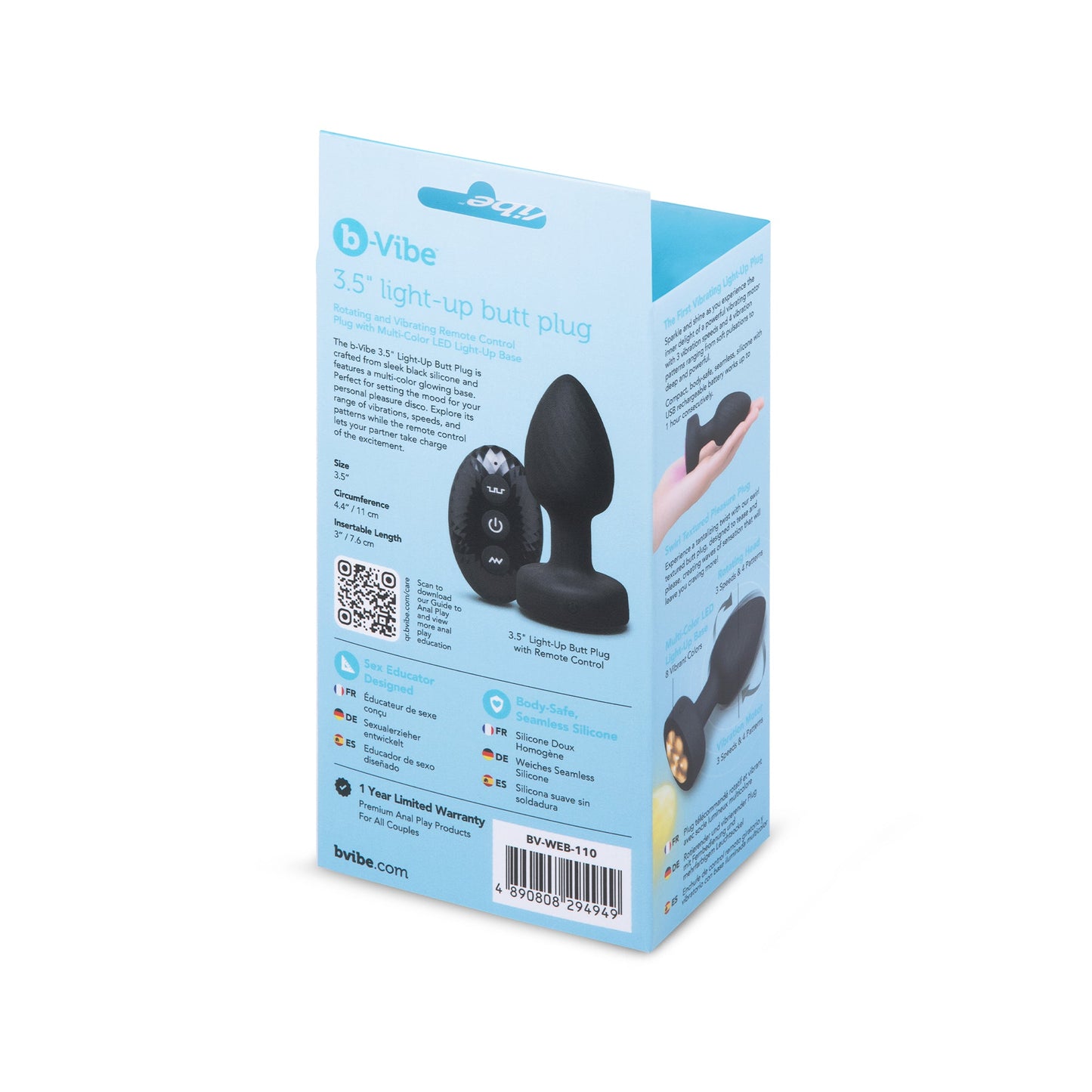 b-Vibe Light-Up Butt Plug 3.5" - Multi-Color LED & Remote Control