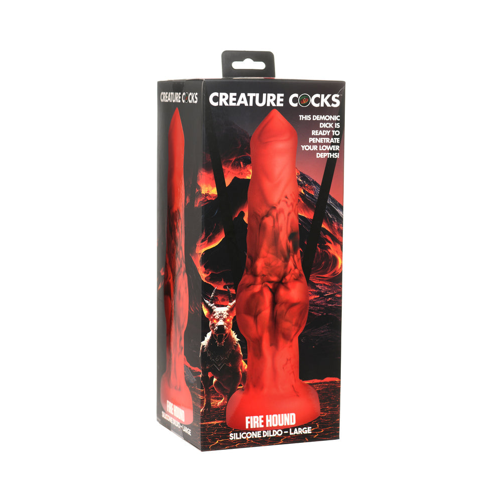 Red silicone dildo packaging with 'Creature Cocks Fire Hound - Knotted Fantasy Silicone Dildo' branding on a white background