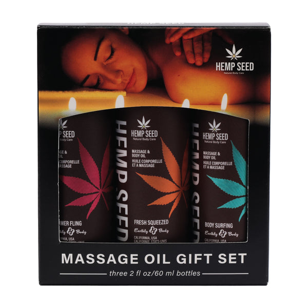 Hemp Seed Massage & Body Oil Trio Gift Set includes 1 of each: 2oz Body Surfing, Fresh Squeezed, Summer Fling