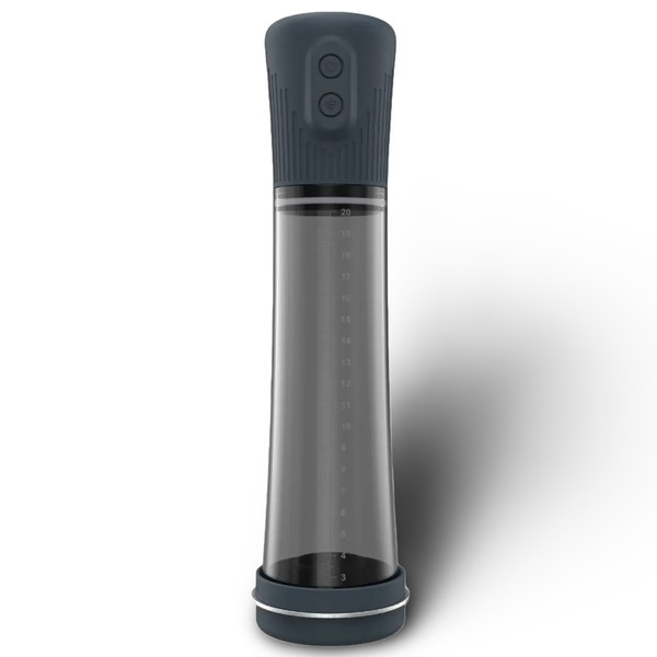 Black and transparent water bottle with measurement markings on a white background