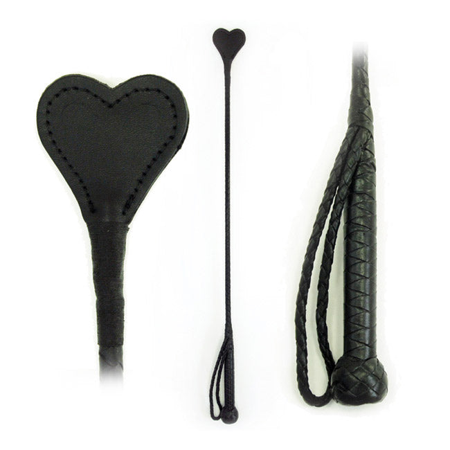 Fetissimo 26-inch black leather heart riding crop for BDSM impact play