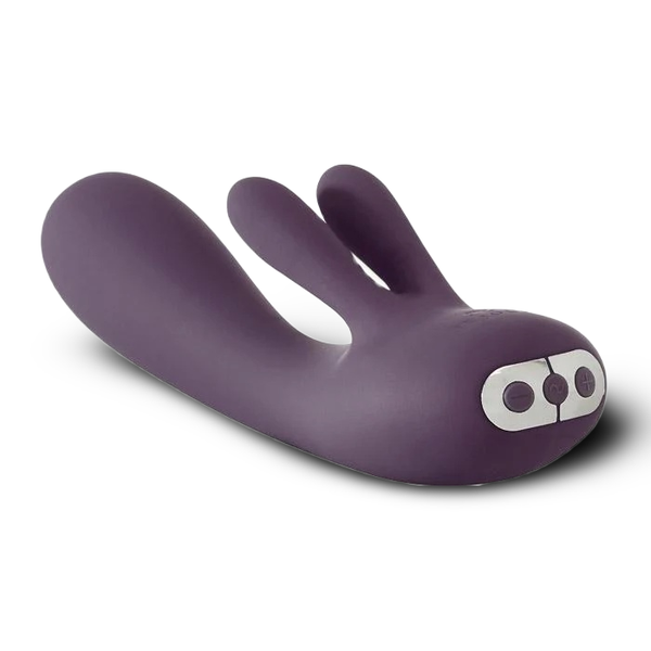 Purple rabbit-shaped toy with a control panel on a white background