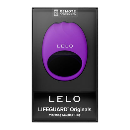 LELO Lifeguard Originals Vibrating Couples Ring in purple, shown inside its black retail packaging box against a white background.