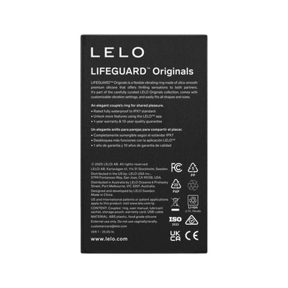 A black rectangular product label with white text reading 'LELO Lifeguard Originals' and various certification icons, photographed against a plain white background.