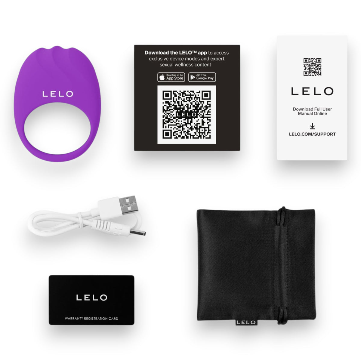 LELO adult wellness product set on a white background, including a purple silicone ring device, a black USB charging cable, a black carrying pouch, a black warranty card, a black QR code card, and a white instruction card.