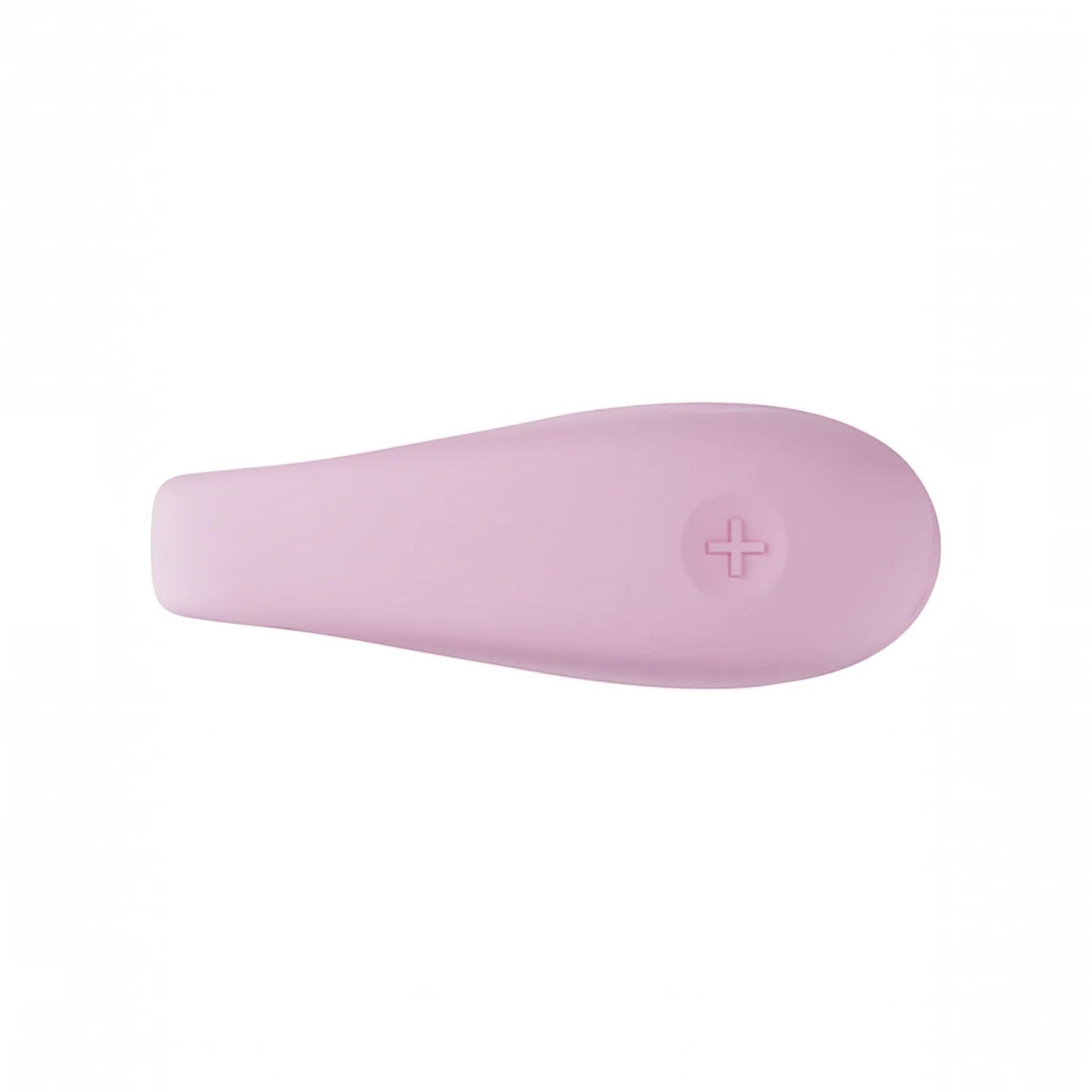 A light pink silicone personal massager with a teardrop-shaped design and an embossed plus sign on the front, shown against a plain white background.