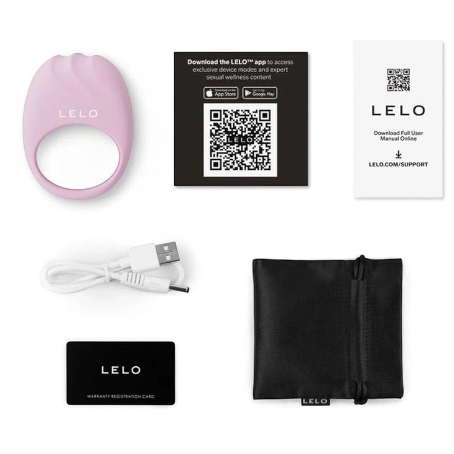 LELO product packaging with USB cable, QR code card, and user manual on a white background