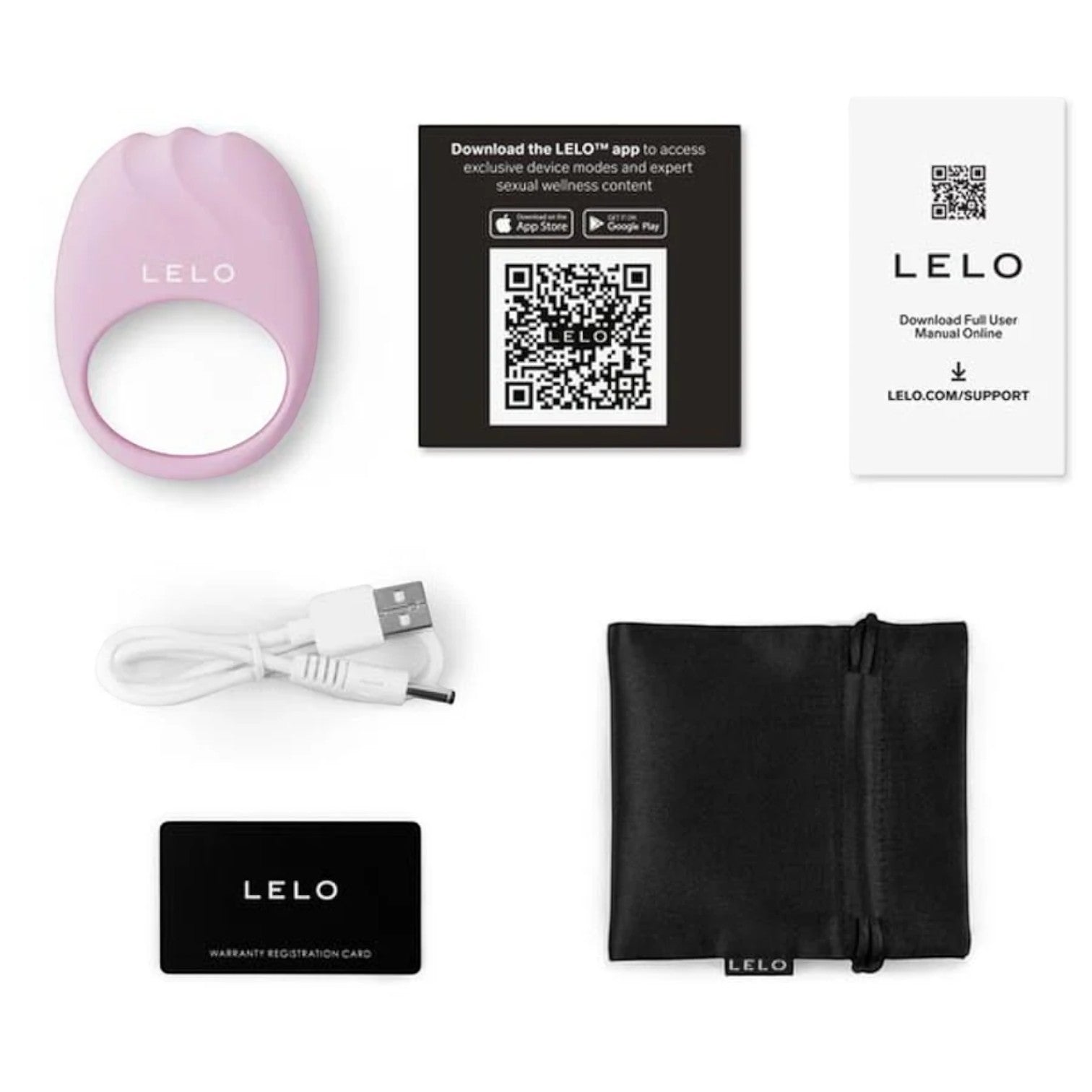 LELO product packaging with USB cable, QR code card, and user manual on a white background