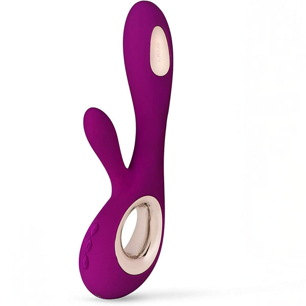 A purple silicone personal massager LELO Soraya Wave with a rose gold metallic ring and a beige control button, shown on a clean white background.