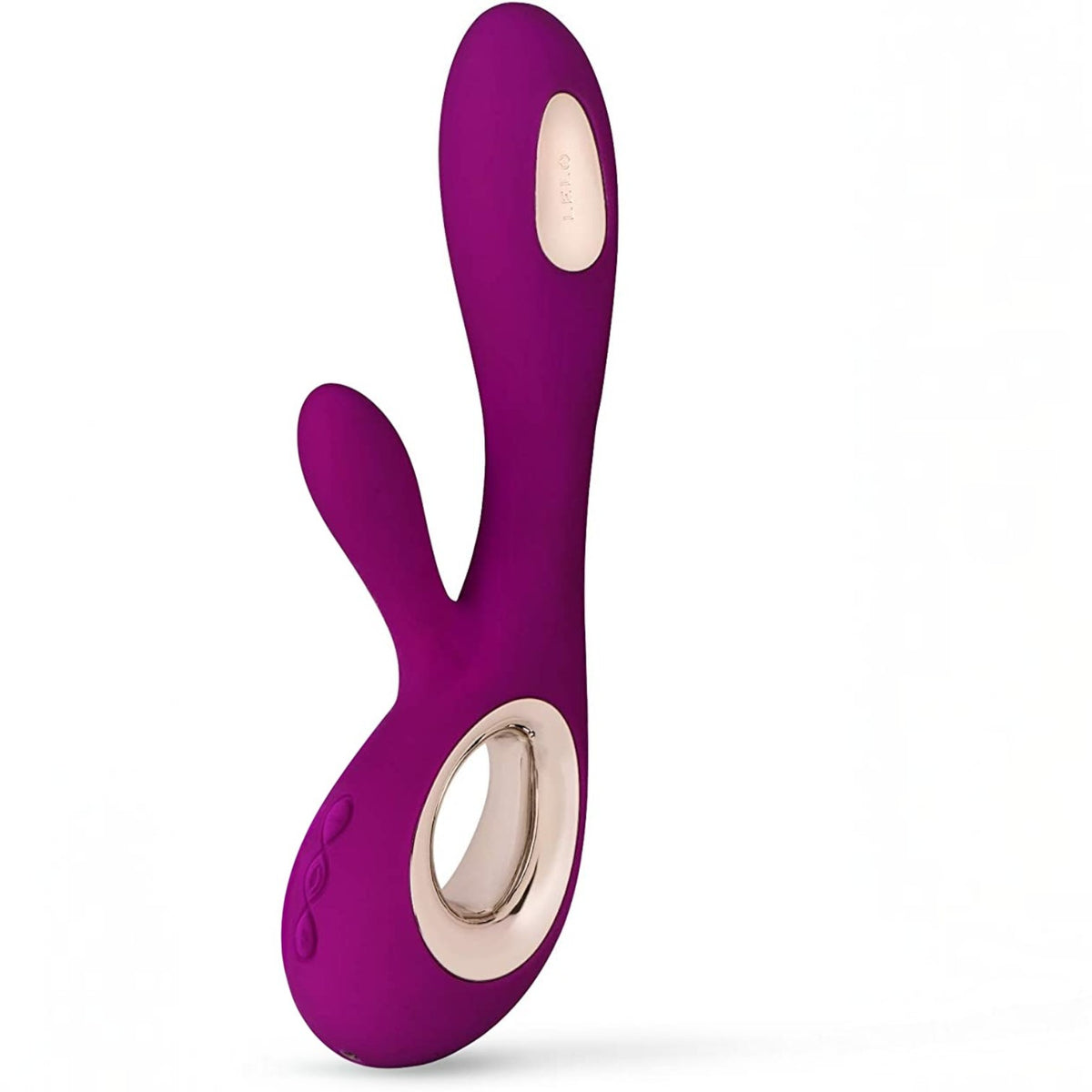 A purple silicone personal massager LELO Soraya Wave with a rose gold metallic ring and a beige control button, shown on a clean white background.