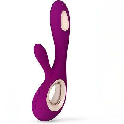 A purple silicone personal massager LELO Soraya Wave with a rose gold metallic ring and a beige control button, shown on a clean white background.