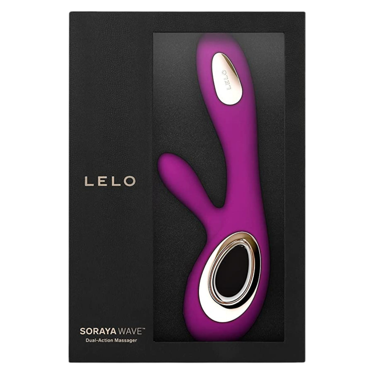 LELO Soraya Wave dual-action massager in purple with silver accents, shown inside its black retail packaging box.