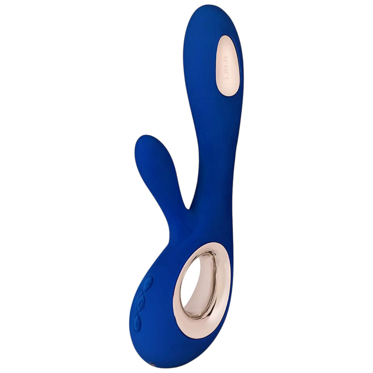 A blue silicone personal massager Lelo SORAYA Wave with a metallic rose gold ring and control buttons, shown on a solid white background.