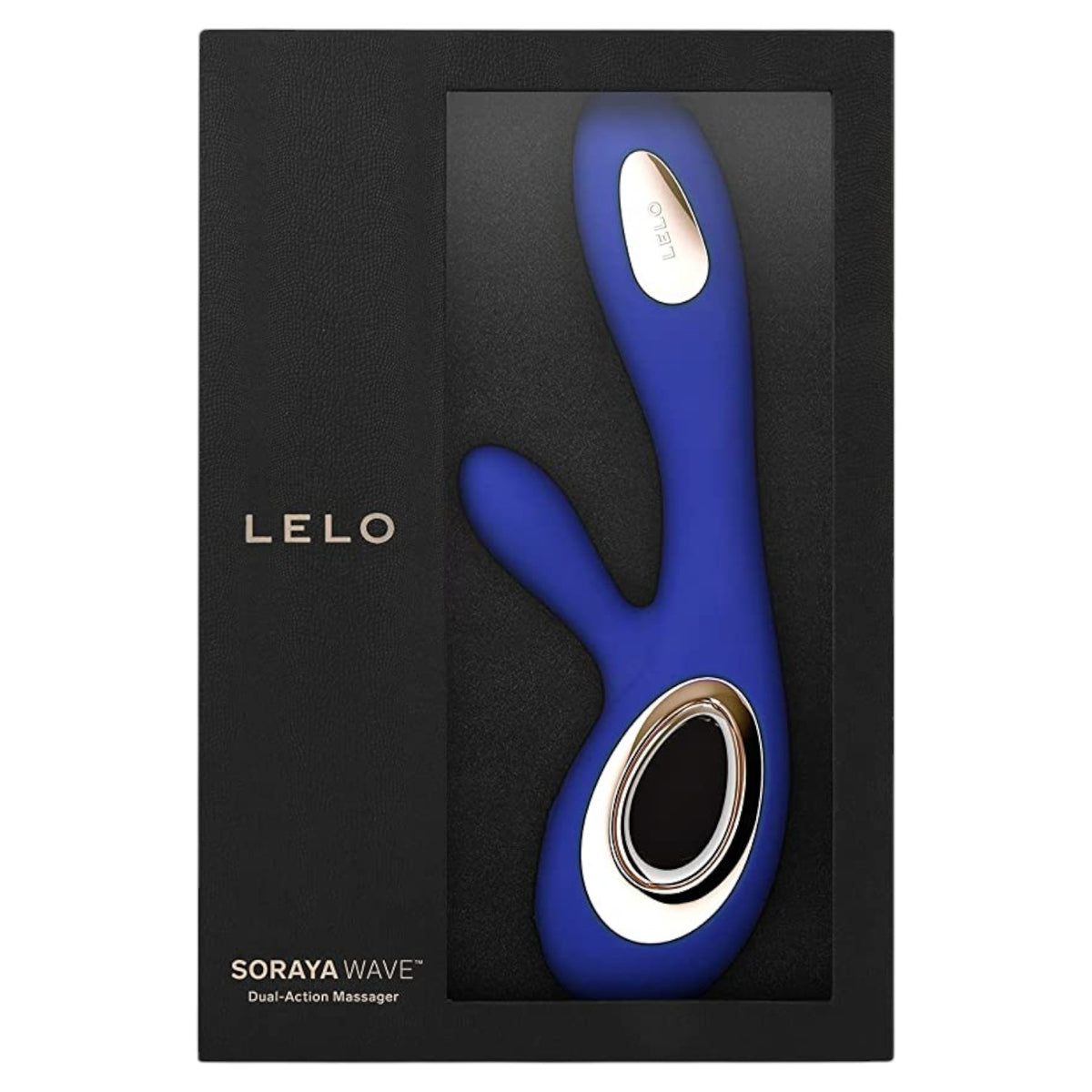 LELO Soraya Wave dual-action massager in blue with silver accents, displayed inside its black retail packaging box.
