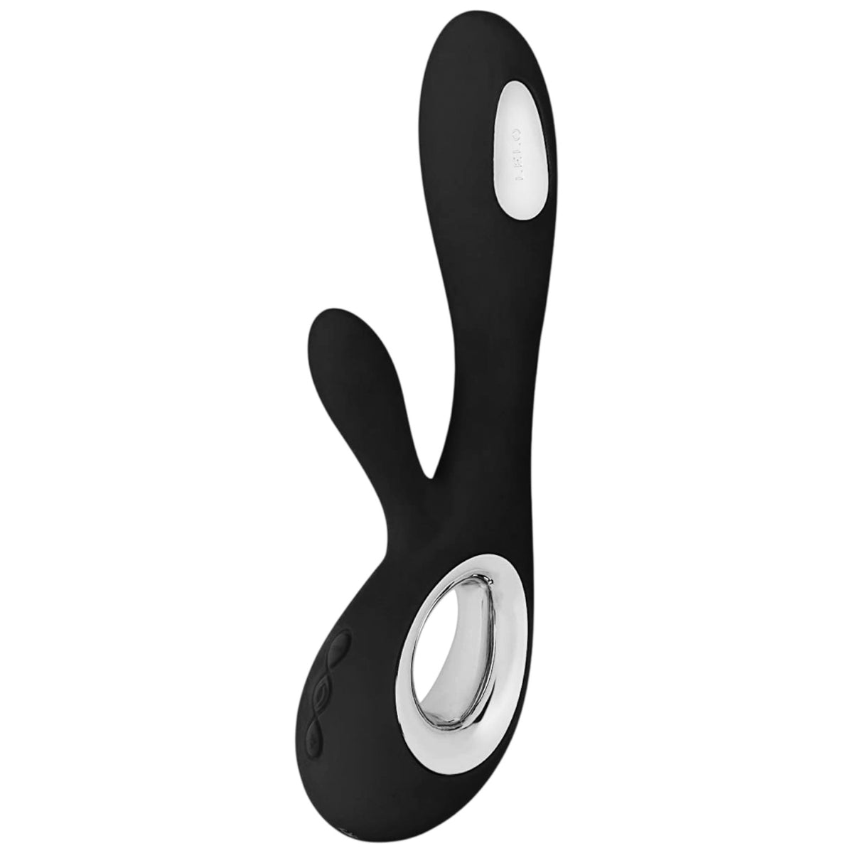 Black silicone dual-stimulation vibrator Lelo SORAYA Wave with a silver metallic inner ring and white control button, shown on a solid white background.