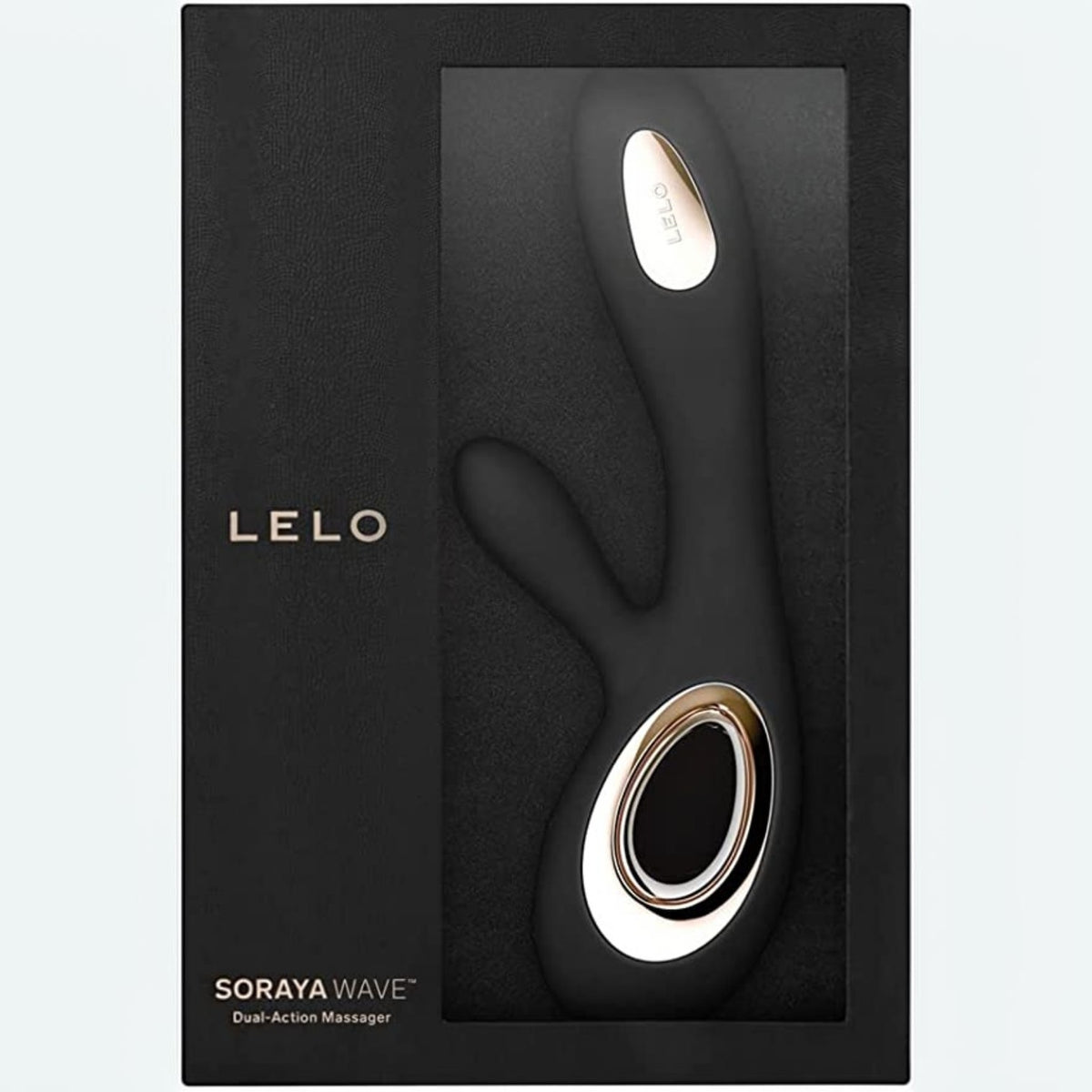 LELO Soraya Wave dual-action massager in black with rose gold metallic accents, shown inside its black retail packaging box.