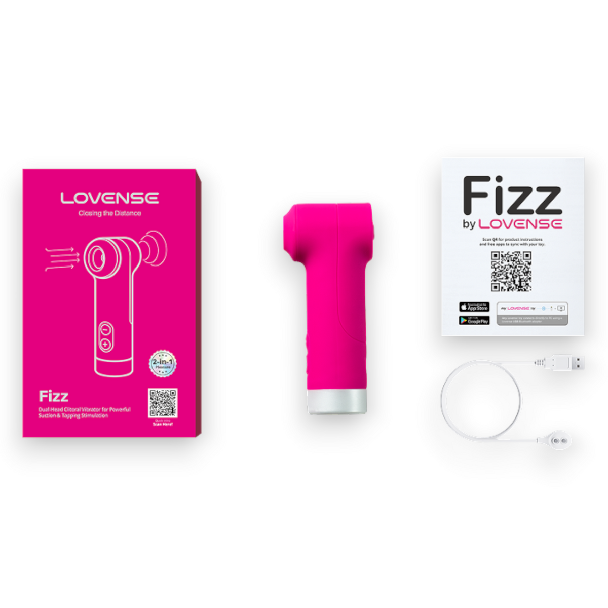 A pink handheld personal massager shown with its bright pink LOVENSE retail box, a white LOVENSE Fizz by LOVENSE card, and a white charging cable on a plain white background.