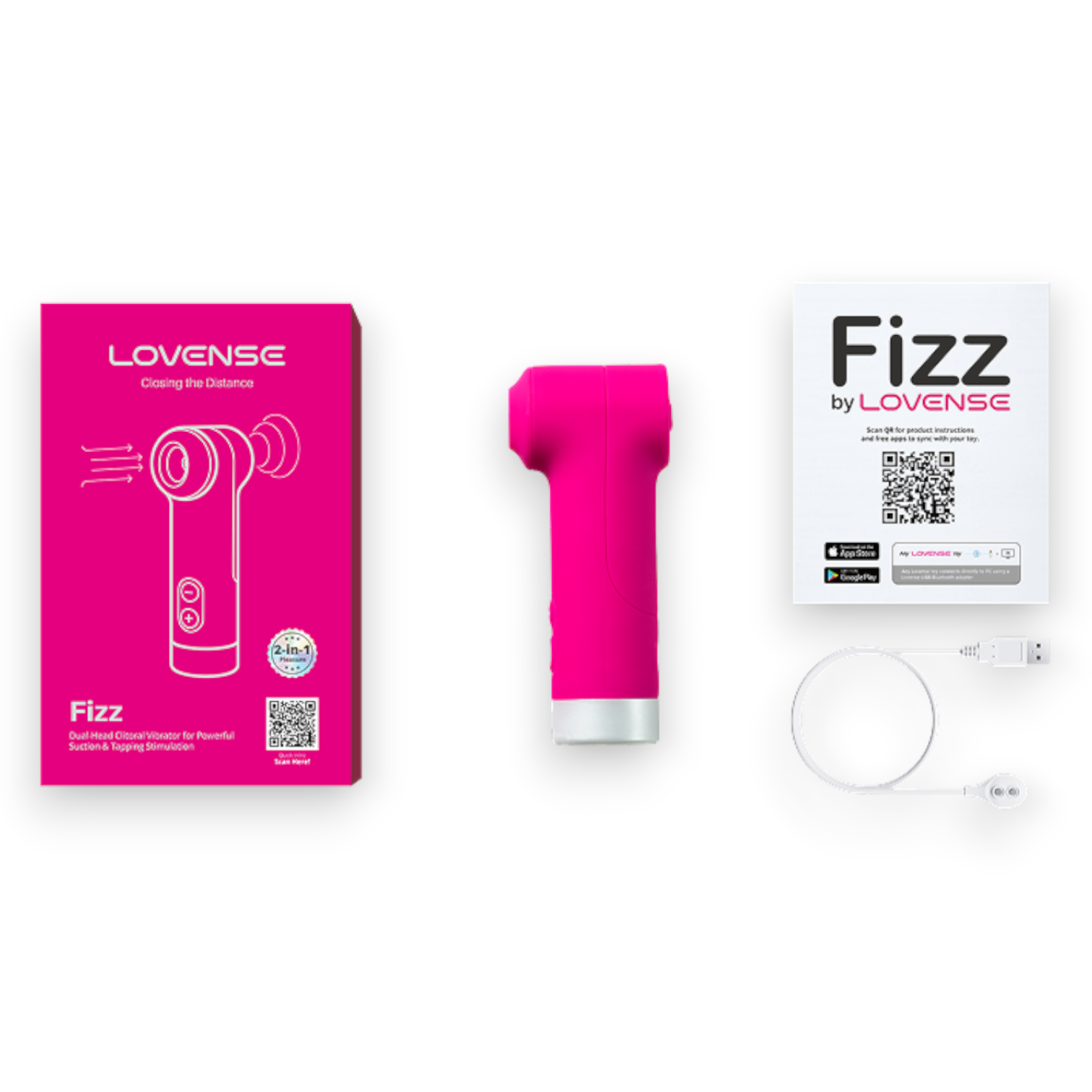A pink handheld personal massager shown with its bright pink LOVENSE retail box, a white LOVENSE Fizz by LOVENSE card, and a white charging cable on a plain white background.