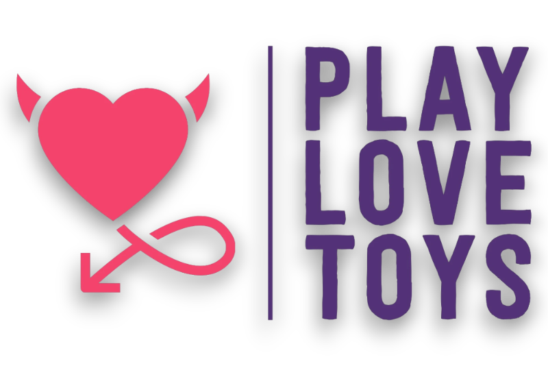 Logo of Play Love Toys with a pink heart and arrow on a white background