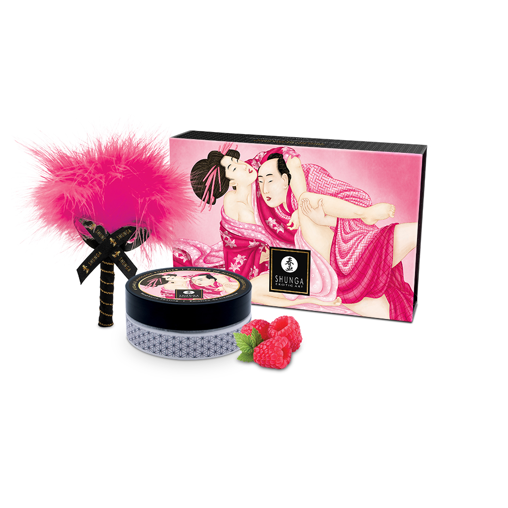 Sweet Snow Body Powder - Raspberry Feeling Product set with a pink feathered item, container, and packaging featuring artistic design on a white background.