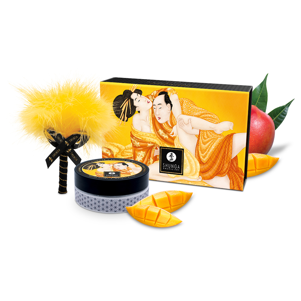 Sweet Snow Body Powder - Luscious Mango Candle with decorative packaging featuring artistic design and mango elements on a white background